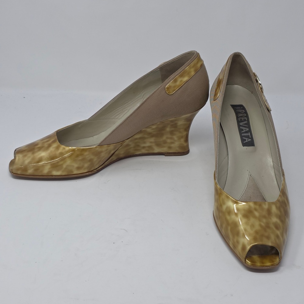 Prevata Tan Canvas Animal Print Patent Leather Peep Toe Wedge Heels Size 10 B